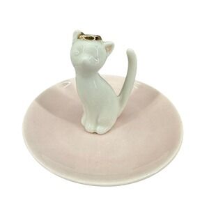 Kohl's White Ceramic Cat Ring Holder Dish Gold Kitty Pink White